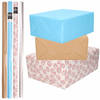 8x Rollen transparant folie/inpakpapier pakket - blauw/bruin/wit met hartjes 200 x 70 cm - Cadeaupapier