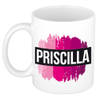 Priscilla naam / voornaam kado beker / mok roze verfstrepen - Gepersonaliseerde mok met naam - Naam mokken