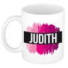Judith naam / voornaam kado beker / mok roze verfstrepen - Gepersonaliseerde mok met naam - Naam mokken