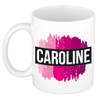Caroline naam / voornaam kado beker / mok roze verfstrepen - Gepersonaliseerde mok met naam - Naam mokken