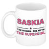 Naam cadeau mok/ beker Saskia The woman, The myth the supergirl 300 ml - Naam mokken