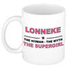 Naam cadeau mok/ beker Lonneke The woman, The myth the supergirl 300 ml - Naam mokken