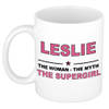 Naam cadeau mok/ beker Leslie The woman, The myth the supergirl 300 ml - Naam mokken