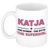 Naam cadeau mok/ beker Katja The woman, The myth the supergirl 300 ml - Naam mokken