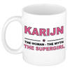 Naam cadeau mok/ beker Karijn The woman, The myth the supergirl 300 ml - Naam mokken