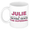 Naam cadeau mok/ beker Julie The woman, The myth the supergirl 300 ml - Naam mokken