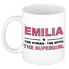 Naam cadeau mok/ beker Emilia The woman, The myth the supergirl 300 ml - Naam mokken