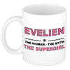 Naam cadeau mok/ beker Evelien The woman, The myth the supergirl 300 ml - Naam mokken
