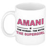 Naam cadeau mok/ beker Amani The woman, The myth the supergirl 300 ml - Naam mokken