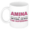 Naam cadeau mok/ beker Amina The woman, The myth the supergirl 300 ml - Naam mokken