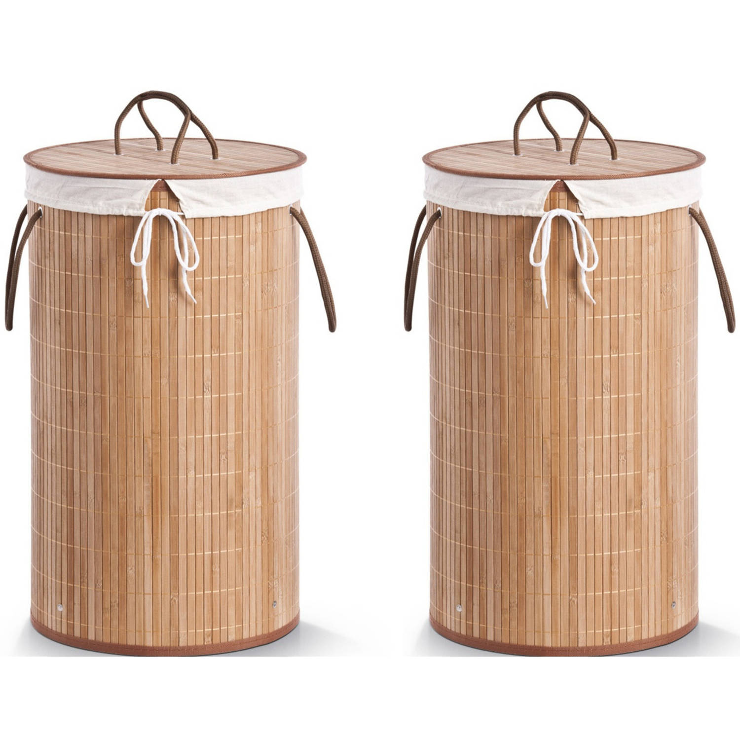 2x Luxe ronde bruine wasmanden van bamboe hout 35 x 60 cm - Wasmanden