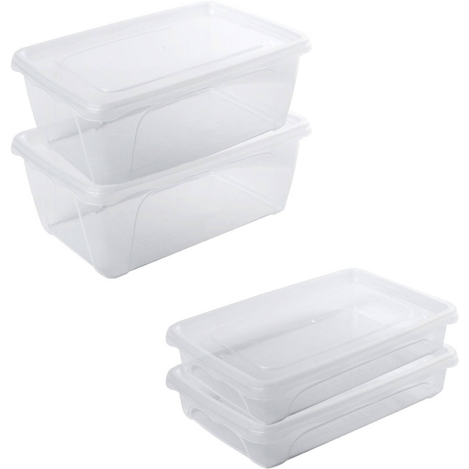 4x Voedsel plastic bewaarbakjes laag 0,5 en 1 liter transparant - Vershoudbakjes