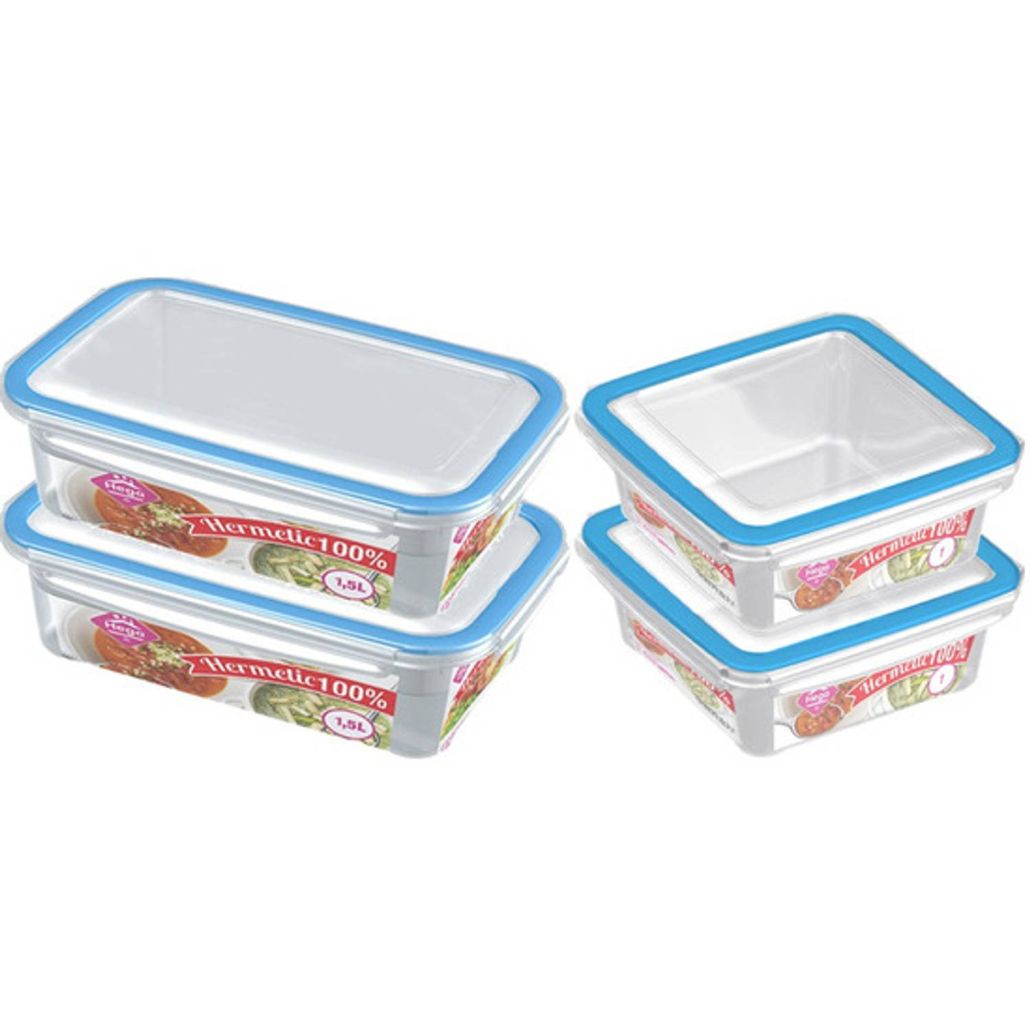 4x Voedsel plastic bewaarbakjes 1,5 en 1 liter transparant/blauw - Vershoudbakjes