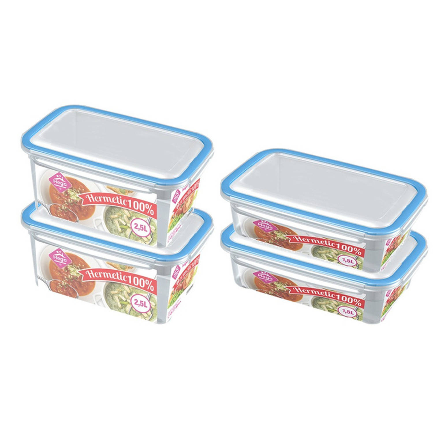 4x Voedsel plastic bewaarbakjes 1,5 en 2,5 liter transparant/blauw - Vershoudbakjes