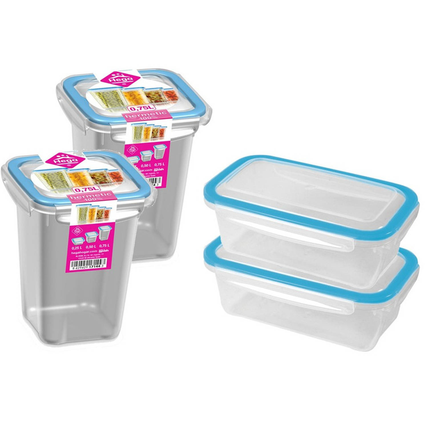 4x Voedsel plastic bewaarbakjes 0,75 liter transparant/blauw - Vershoudbakjes