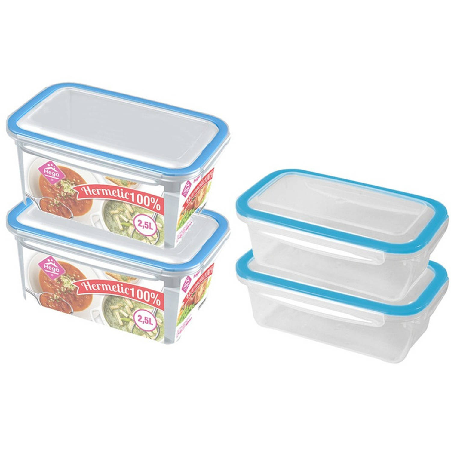 4x Voedsel plastic bewaarbakjes 0,75 en 2,5 liter transparant/blauw - Vershoudbakjes