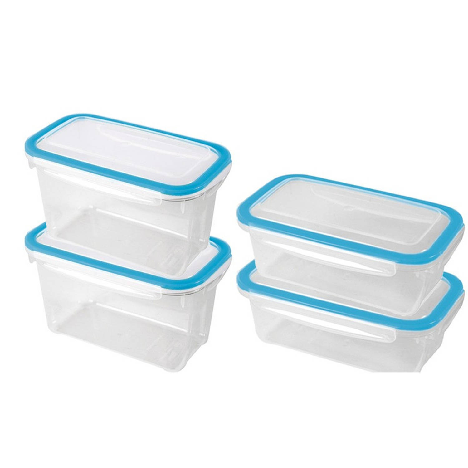 4x Voedsel plastic bewaarbakjes 0,75 en 1,2 liter transparant/blauw - Vershoudbakjes