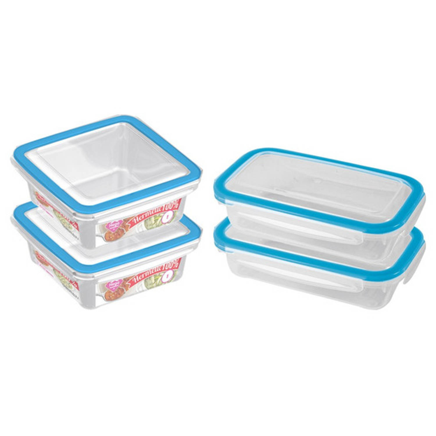 4x Voedsel plastic bewaarbakjes 0,5 en 1 liter transparant/blauw - Vershoudbakjes