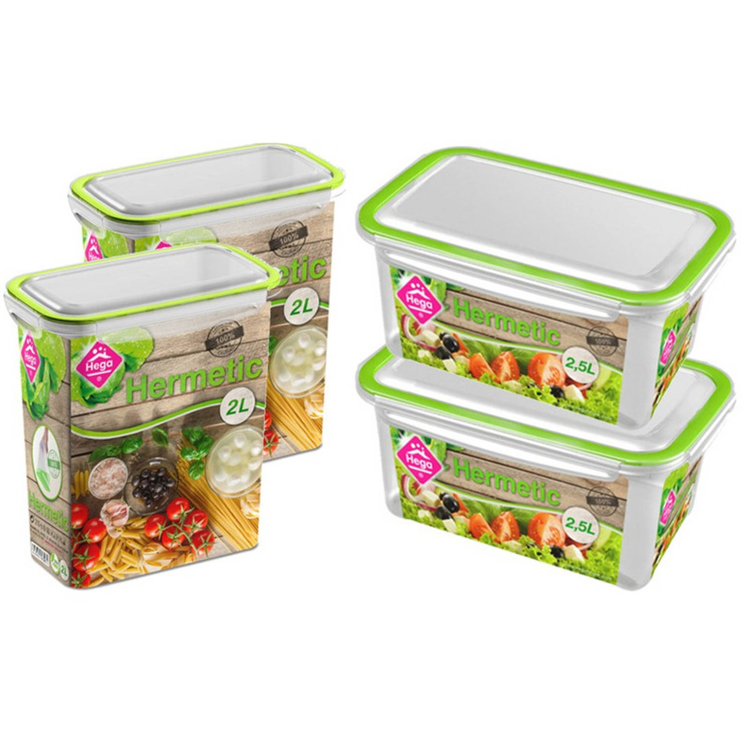 4x Voedsel plastic bewaarbakjes 2,5 en 2 liter transparant/groen - Vershoudbakjes