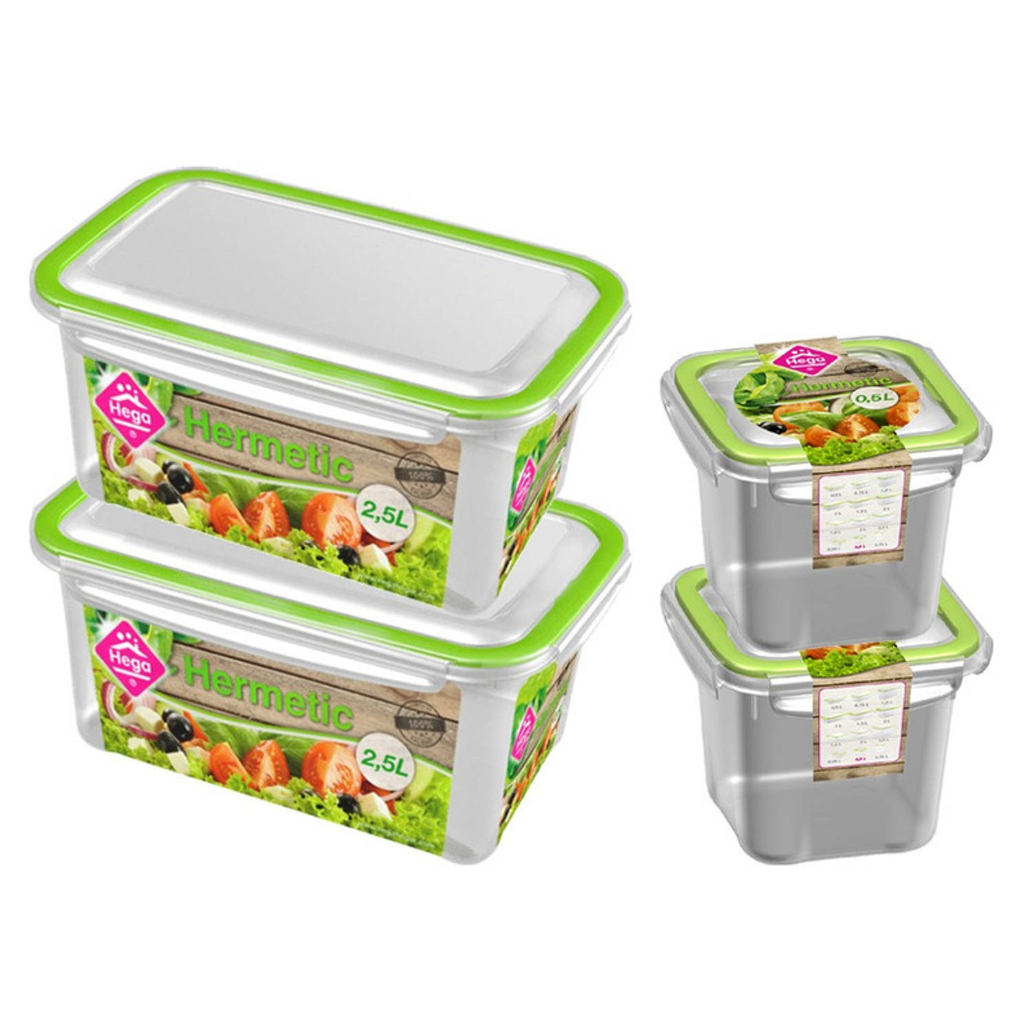 4x Voedsel plastic bewaarbakjes 0,5 en 2,5 liter transparant/groen - Vershoudbakjes