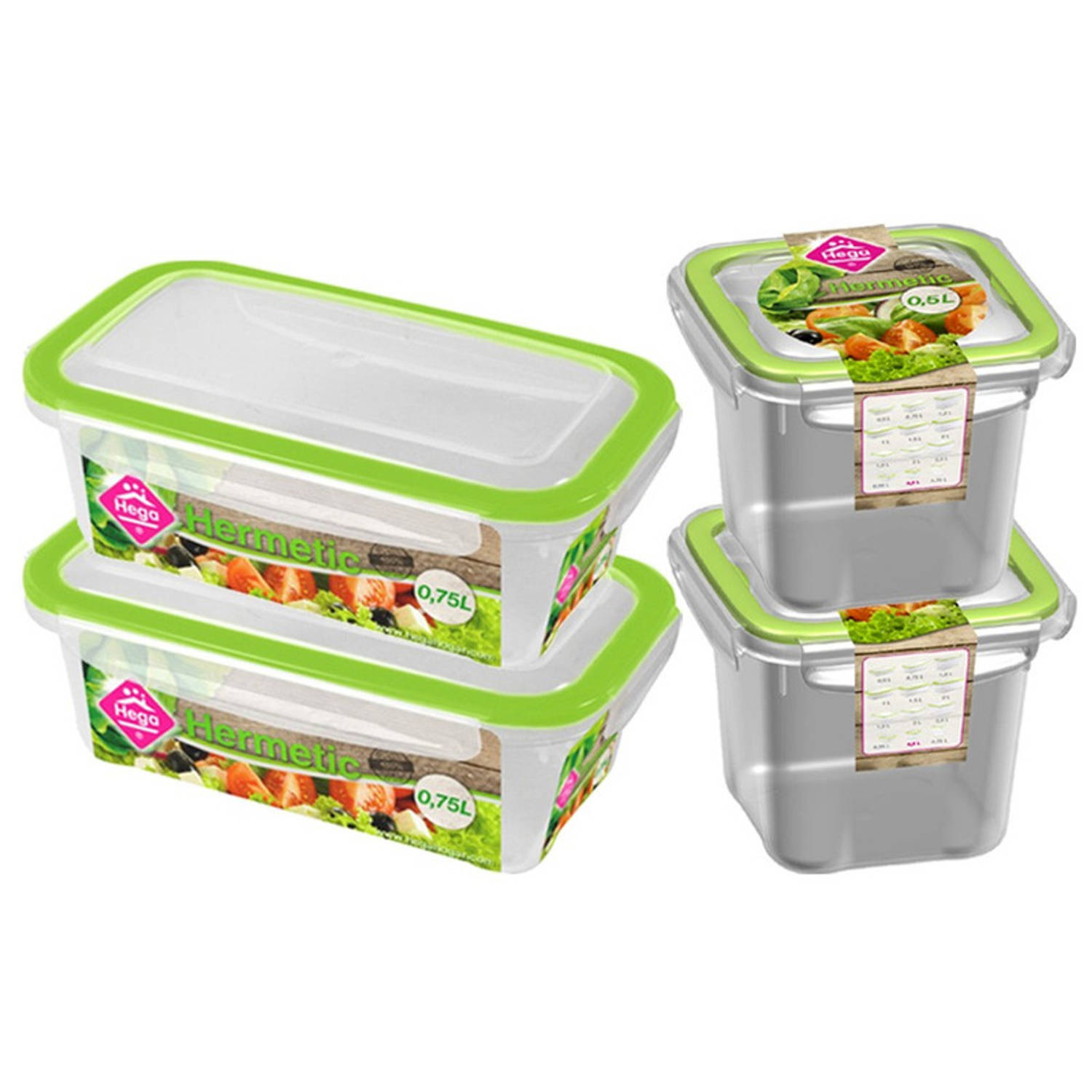 4x Voedsel plastic bewaarbakjes 0,5 en 0,75 liter transparant/groen - Vershoudbakjes