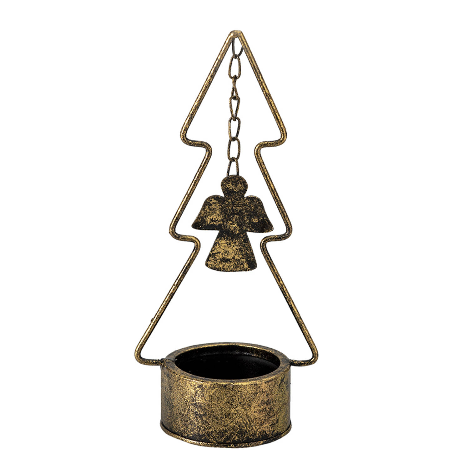 Clayre & Eef Kandelaar Kerstboom 10*8*24 Cm Koperkleurig Metaal Engel, Kerstboom Kaarsenstandaard Ka