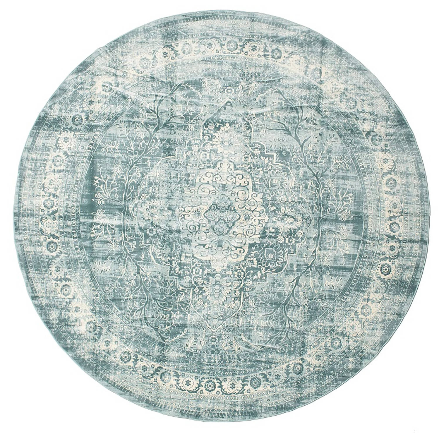 Vloerkleed rond vintage 180cm wit donkerblauw perzisch oosters tapijt