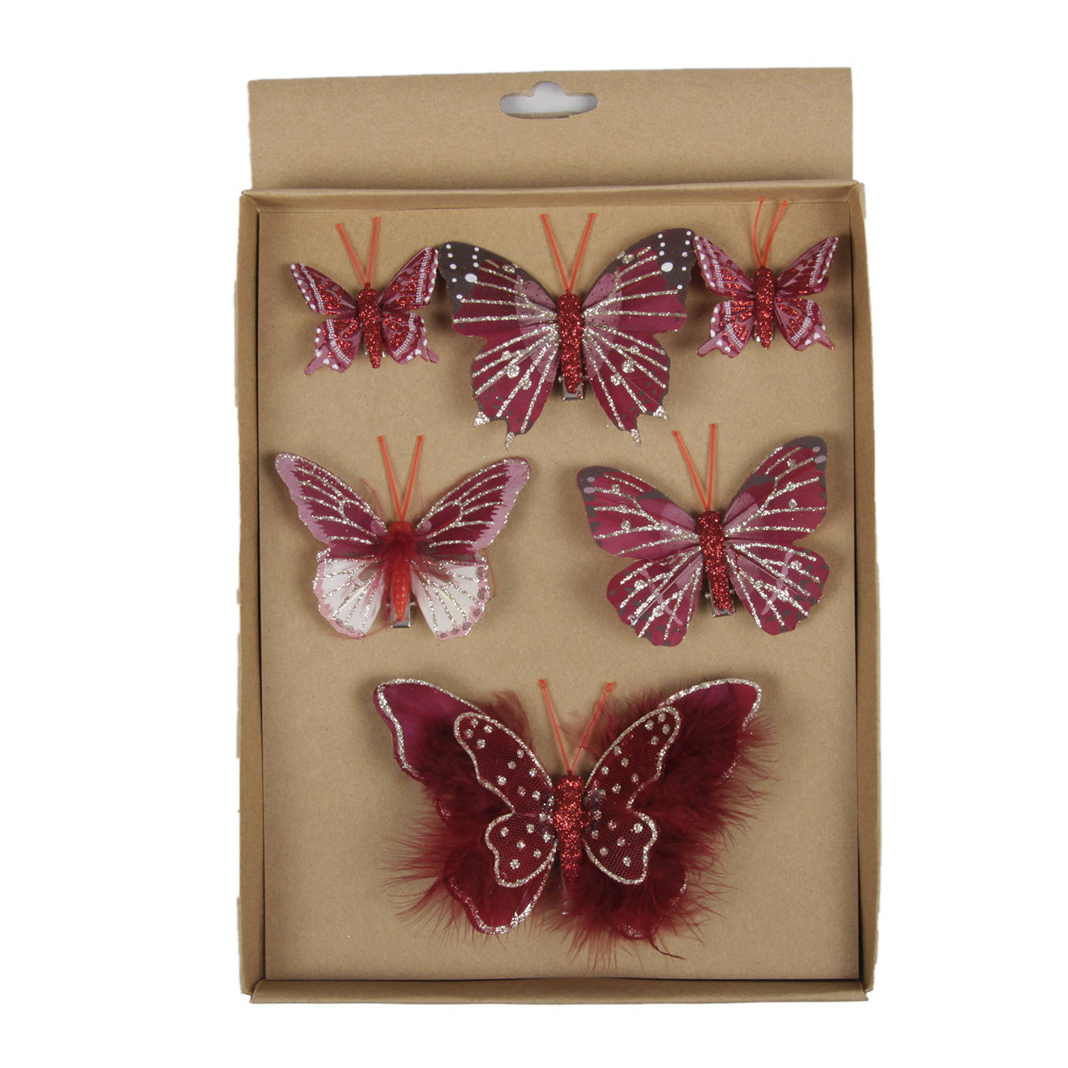 Omgekeerd soort Zuigeling 6x stuks decoratie vlinders op clip donkerrood 5, 8 en 12 cm - Kersthangers  | Blokker