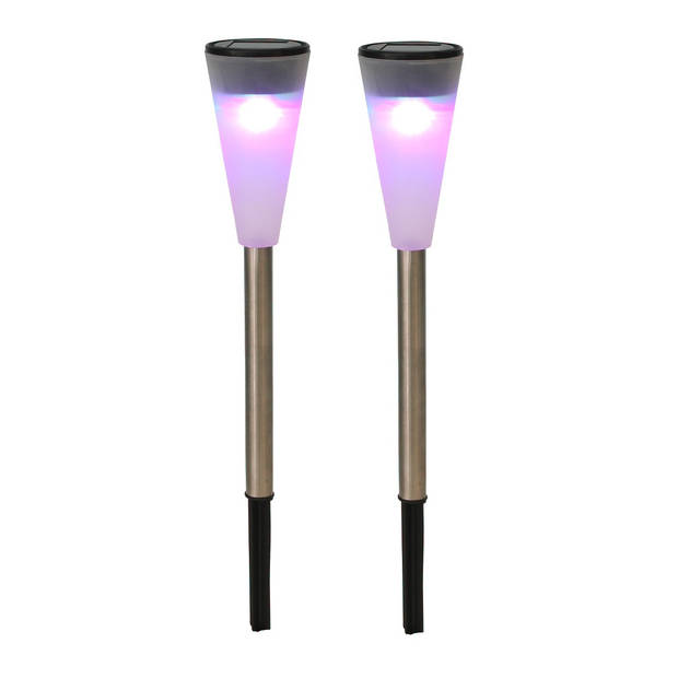2x RVS Buitenlampen/tuinlampen LED stekers solar verlichting 36 cm gekleurd - Prikspotjes