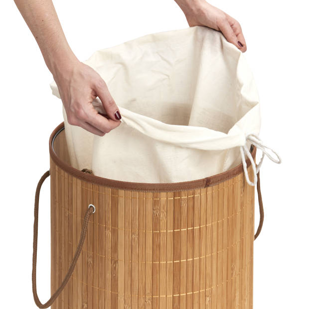1x Ronde luxe wasgoedmanden van bamboe hout 35 x 60 cm - Wasmanden