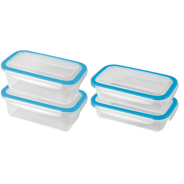 4x Voedsel plastic bewaarbakjes 0,5 en 0,75 liter transparant/blauw - Vershoudbakjes