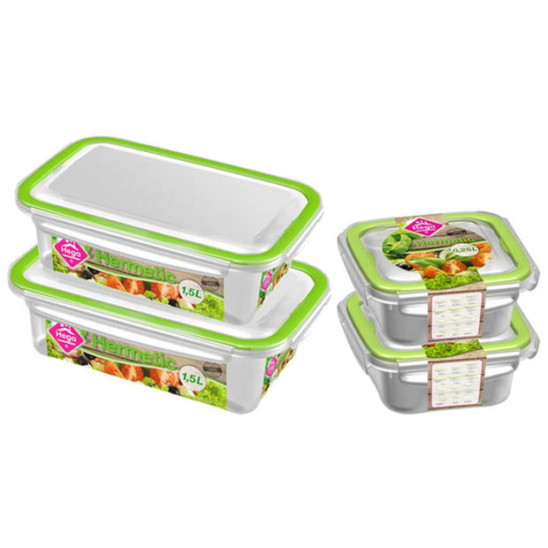 4x Voedsel plastic bewaarbakjes 0,25 en 1,5 liter transparant/groen - Vershoudbakjes