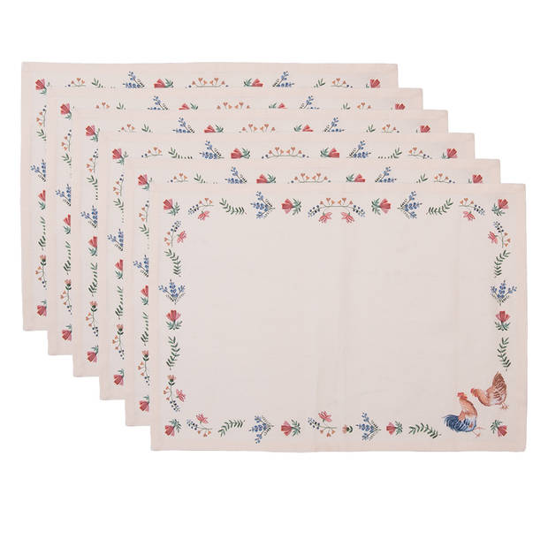 Clayre & Eef Placemats Set van 6 50x35 cm Beige Blauw Katoen Rechthoek Kip en Haan Tafelmat Beige Tafelmat