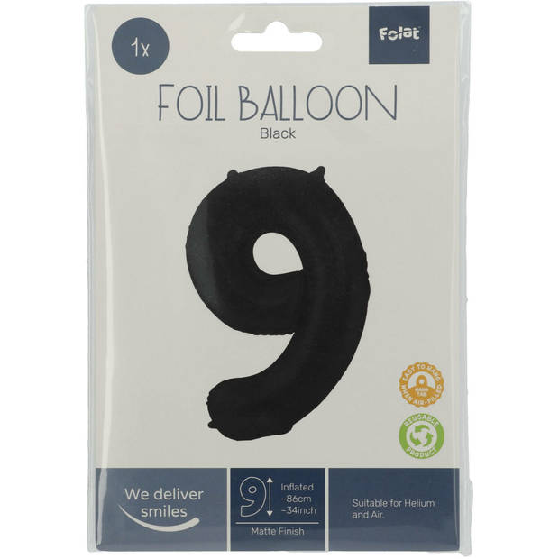 Folie ballon van cijfer 9 in het zwart 86 cm - Ballonnen