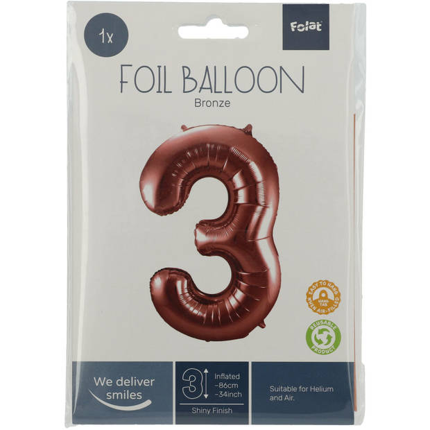 Folie ballon van cijfer 3 in het brons 86 cm - Ballonnen