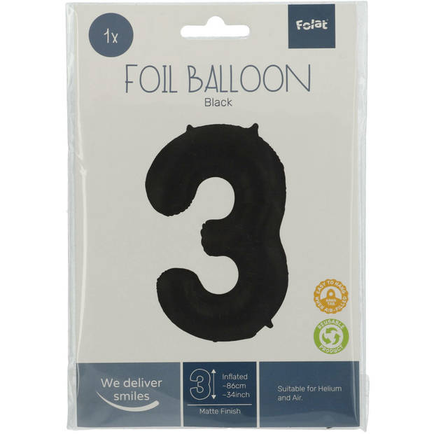 Folie ballon van cijfer 3 in het zwart 86 cm - Ballonnen