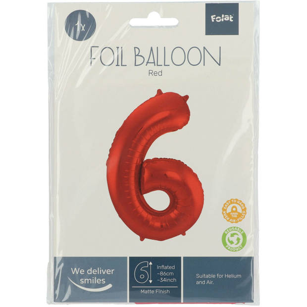 Folie ballon van cijfer 6 in het rood 86 cm - Ballonnen