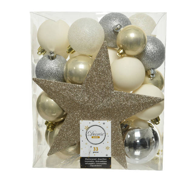 Decoris kerstballen - 33x st incl. ster piek - champagne/zilver/wit - kunststof - Kerstbal