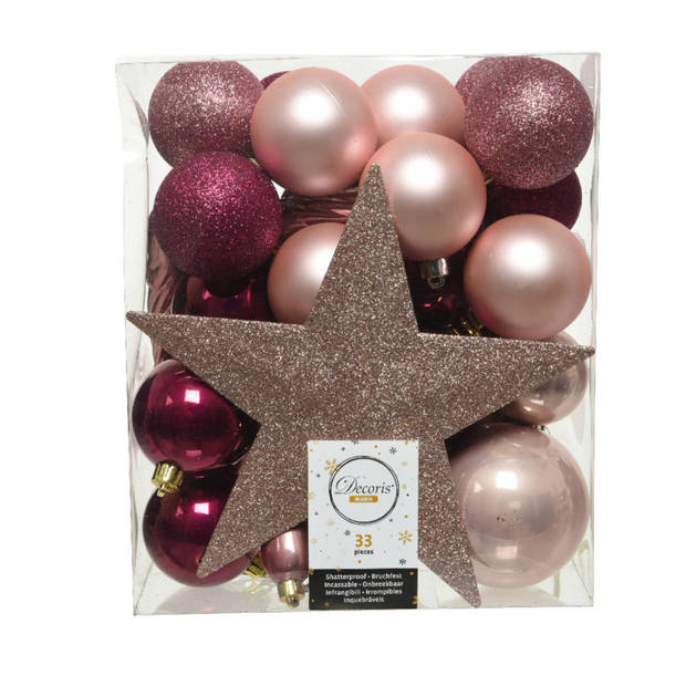 Decoris kerstballen - 34-dlg - roze tinten - kunststof - Kerstbal