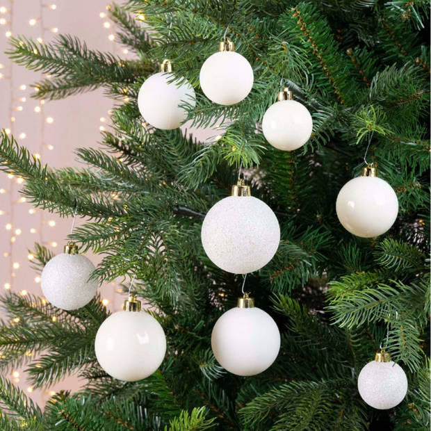 Kerstballen 60x stuks - mix wit/donkerblauw - 4-5-6 cm - kunststof - Kerstbal