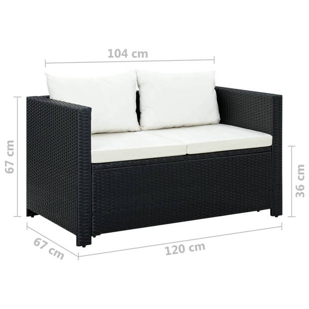 vidaXL 3-delige Loungeset met kussens poly rattan zwart