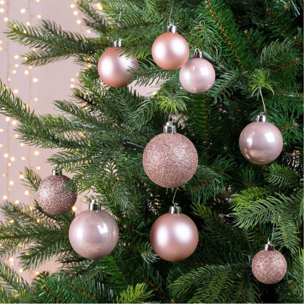 Kerstballen - 30x st - lichtroze - 4, 5, 6 cm - kunststof - mat-glans-glitter - Kerstbal