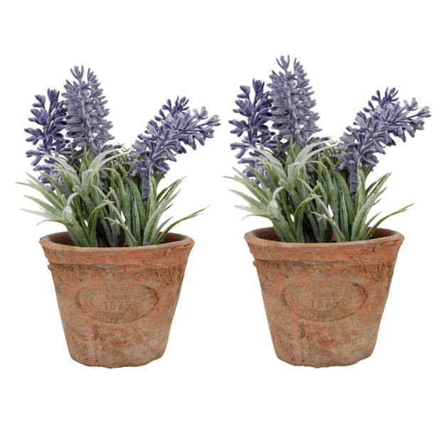 2x stuks kunstplanten lavendel in terracotta pot 15 cm - Kunstplanten