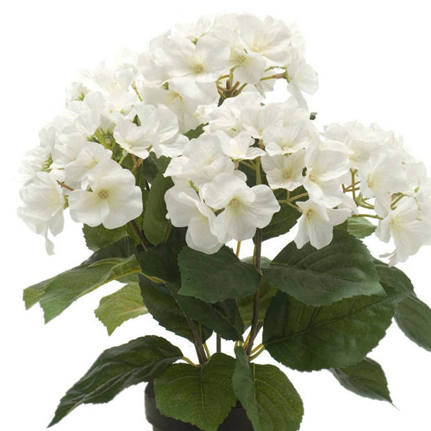 Hortensia kunstplant/kunstbloemen 40 cm - wit - in pot zwart glans - Kunstplanten