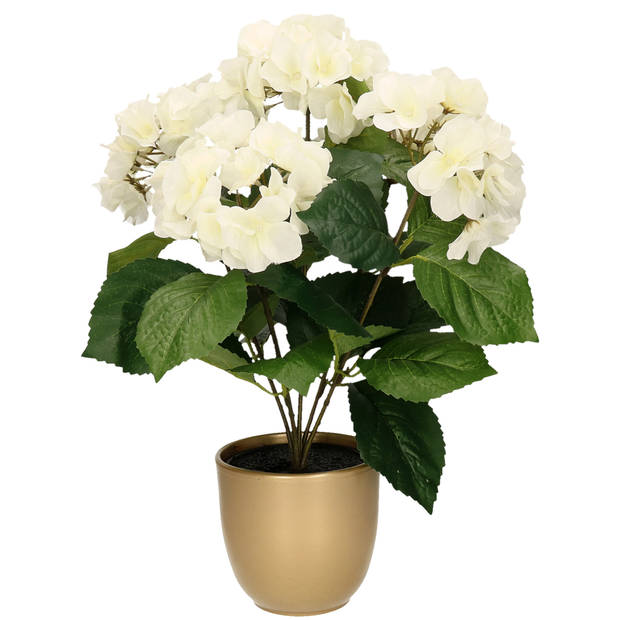 Hortensia kunstplant/kunstbloemen 40 cm - wit - in pot goud mat - Kunstplanten