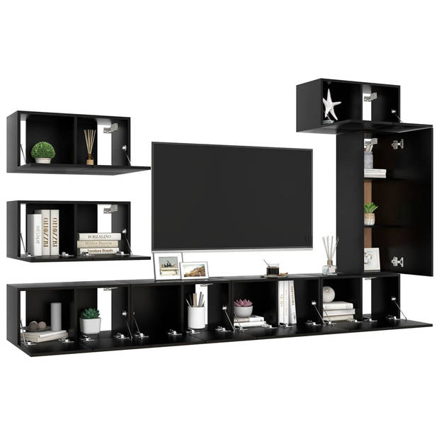 The Living Store televisiemeubelset Hangend - Spaanplaat - Zwart - 7x 60x30x30cm + 1x 30.5x30x90cm