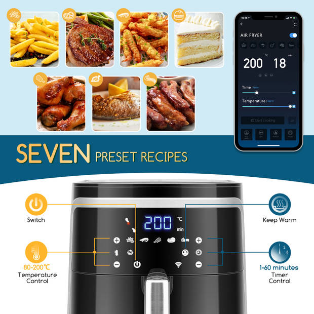 Aigostar Cube Smart 30XQF - Smart Airfryer met kookboek - Heteluchtfriteuse - 7L - Via de App bedienbaar - Zwart