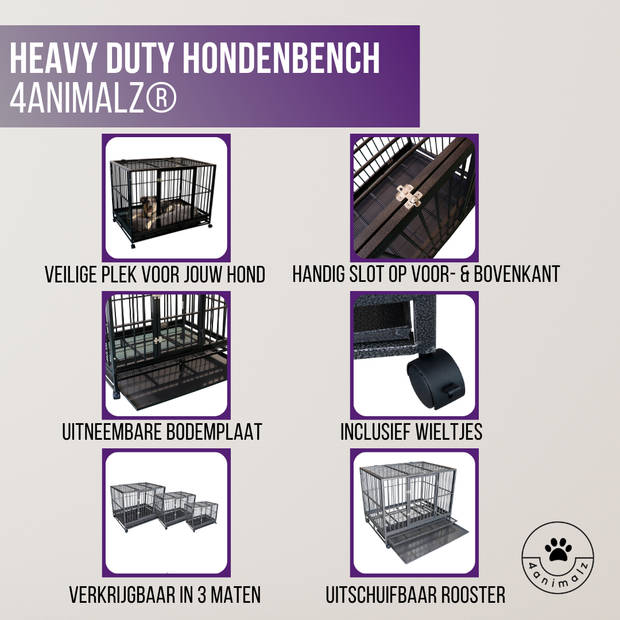 4animalz® Heavy Duty Hondenbench Hammerite XXL met wielen 124x84x95cm