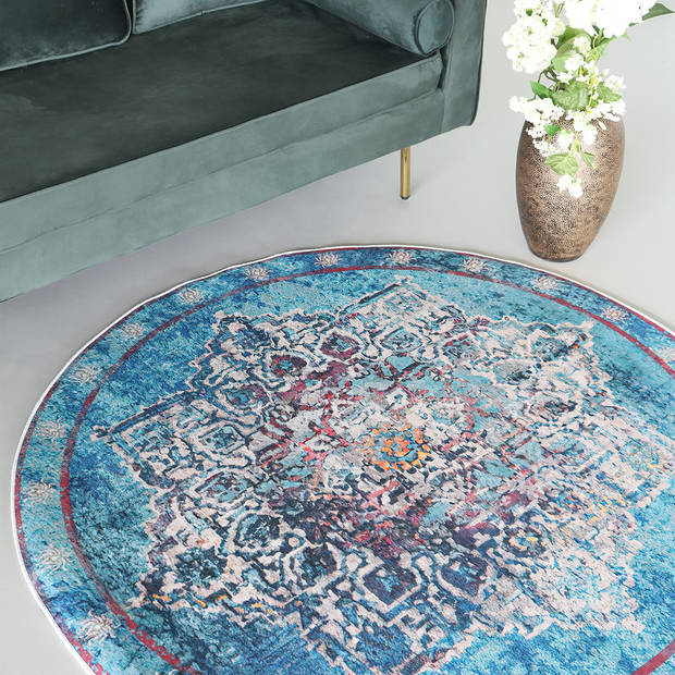 Vloerkleed rond vintage 140cm wit lichtblauw perzisch oosters tapijt