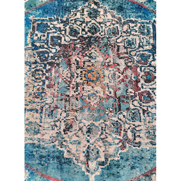 Vloerkleed rond vintage 140cm wit lichtblauw perzisch oosters tapijt